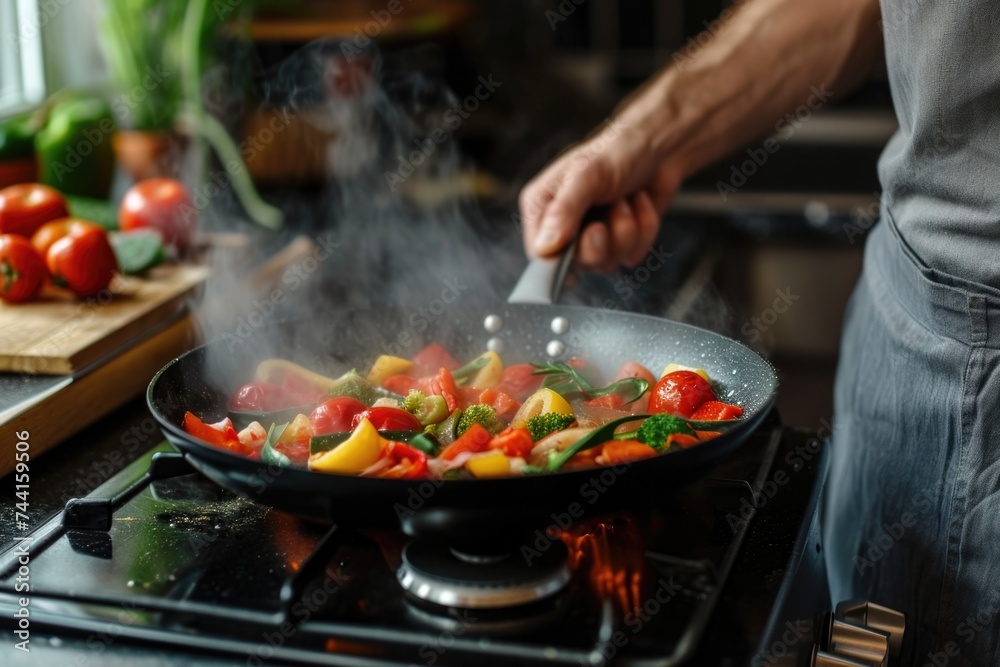 Man cooking vegetables in frying pan on electric stove Man cooking vegetables in frying pan on electric stove
