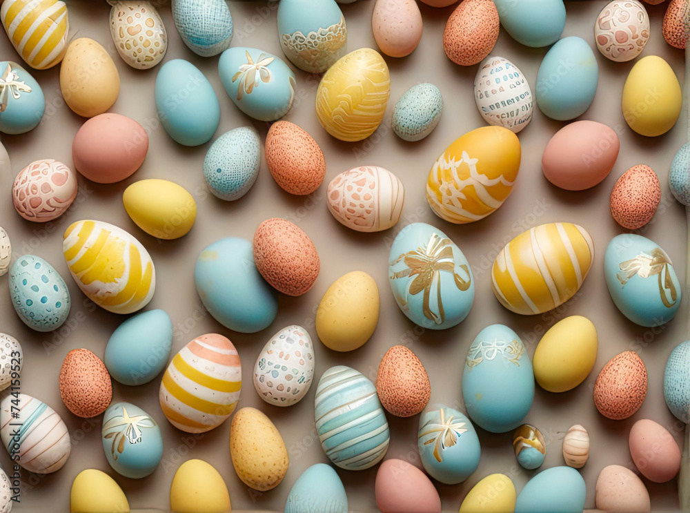 Beautiful colorful Easter eggs pattern backdrop, boho colors