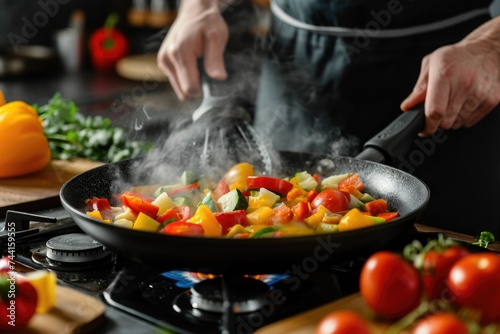 Man cooking vegetables in frying pan on electric stove