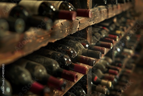 Wine collection on a wooden rack © Baba Images