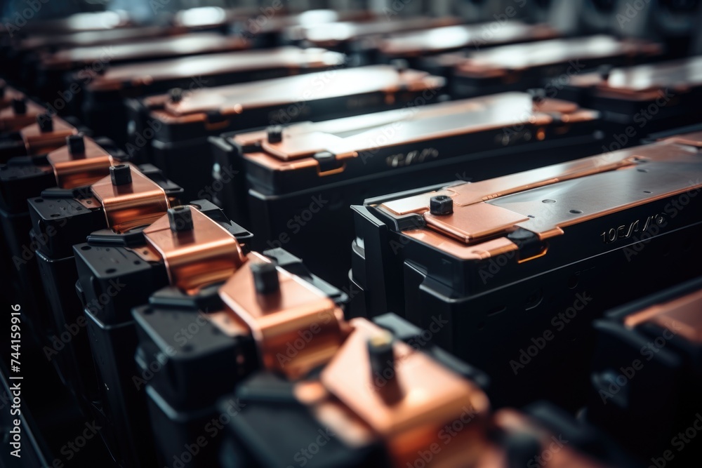 Array of Precision-Made Industrial Batteries on a Manufacturing Line - obrazy, fototapety, plakaty 