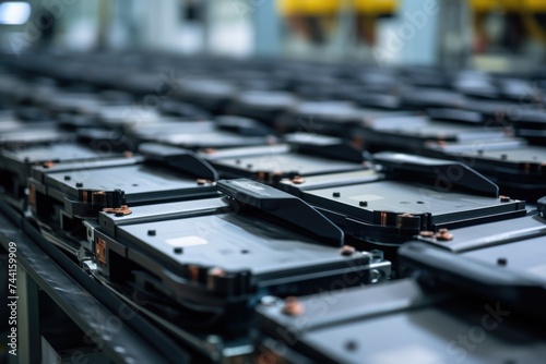 Array of Precision-Made Industrial Batteries on a Manufacturing Line