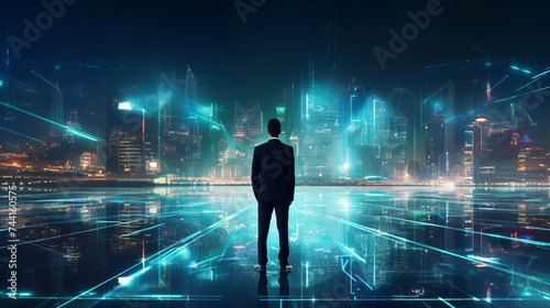 Business technology concept, Professional business man walking on future network city background and futuristic interface graphic at night, Cyberpunk color style