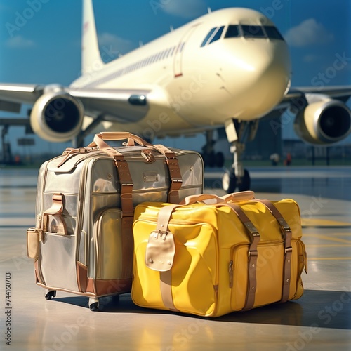 Travel suitcases at an airport, ready for adventure, perfect for travel agency promotions, advertisements, and designs with ample text room.