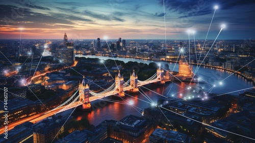 City of London at sunset with communication icons and network lines
