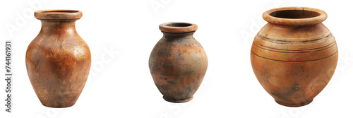 Clay Pottery Vase Set Isolated on Transparent or White Background, PNG