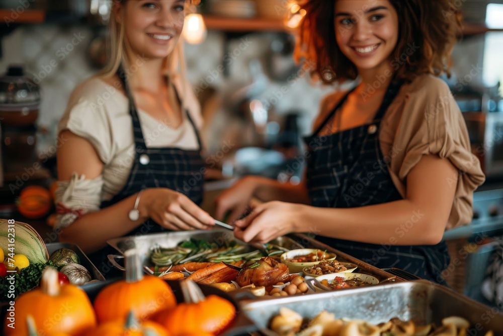 Joyful women gathered in their aprons, radiating happiness as they prepare a delicious meal with fresh produce from the local market