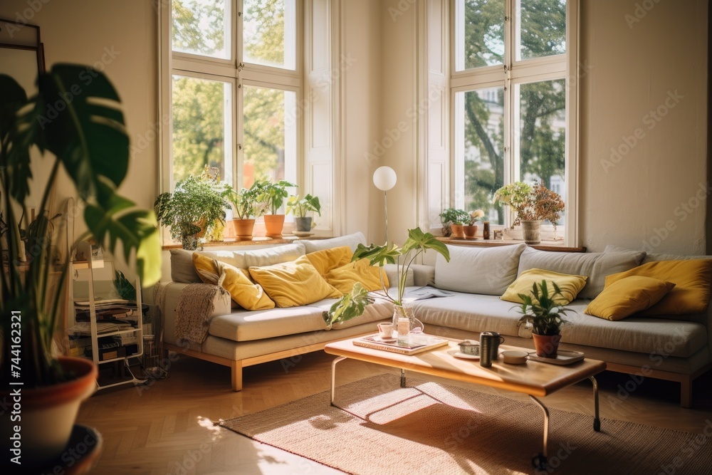 Fototapeta premium Cozy home interior with sofa and large windows overlooking trees