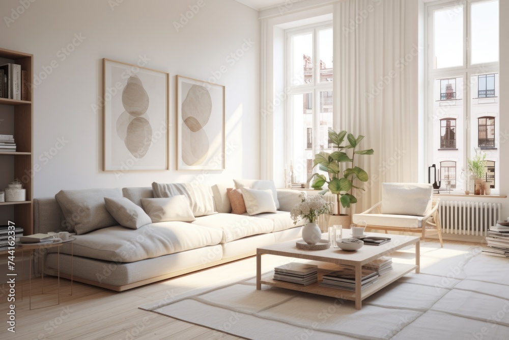 Fototapeta premium Modern minimalist living room with beige sofa and large windows