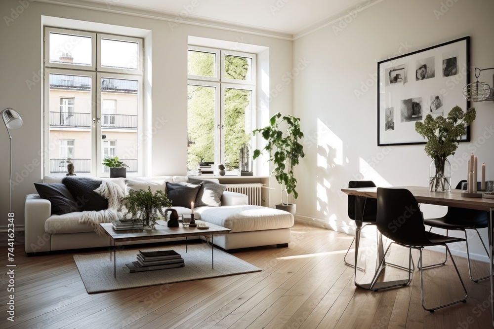 Fototapeta premium Modern minimalist living room with beige sofa and large windows