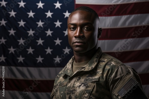 Portrait of a young soldier with USA flag in the background