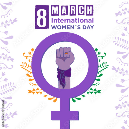 Banner del día internacional de la mujer, 8 de marzo con ilustración de puño en el símbolo de femenino  y flores en el fondo