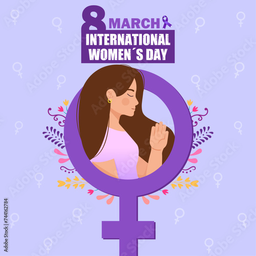 Banner del día internacional de la mujer, 8 de marzo con ilustración de mujer en el símbolo de femenino  y flores en el fondo