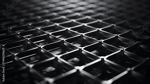 Close-up photo of technological metal grid structure. Abstract black and white background image on the subject of modern architecture, industry or technology photo
