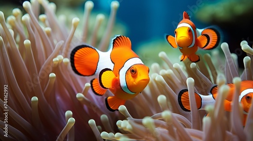 Clownfish shelters in its host anemone on a tropical coral reef photo