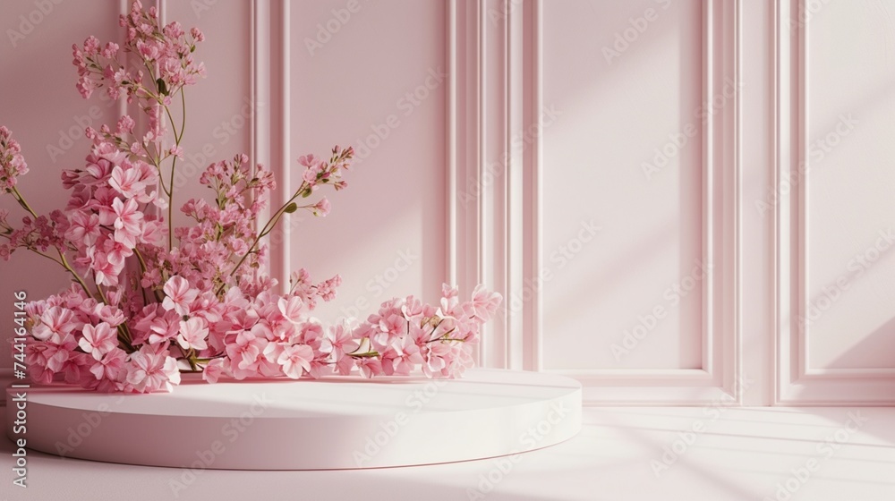 Beautiful podium with pink flowers ornaments with space for your product or inscriptions.