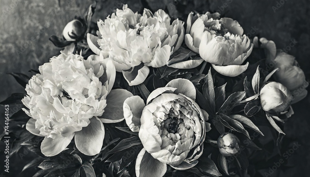 vintage bouquet of peonies floristic decoration floral background black and white baroque old fashiones style image natural flowers pattern wallpaper or greeting card - obrazy, fototapety, plakaty 