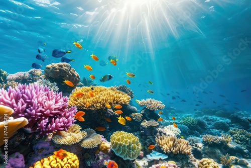 Vibrant underwater coral reef with tropical fish