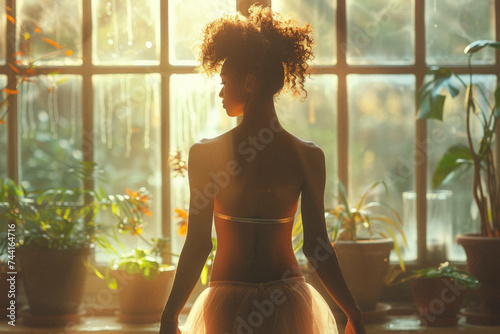 A ballet dancer practicing alone in a sunlit studio, their silhouette a study in grace and dedication.