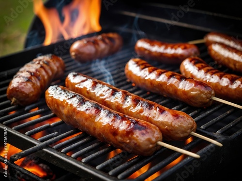 BBQ with fiery sausages on the grill outdoor picnic. Outdoor picnic with sizzling grilled sausages