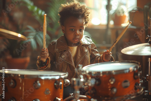 A child learning to play the drums, their concentration punctuated by bursts of delighted laughter at each successful beat. photo