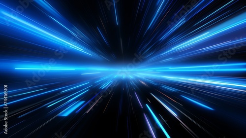 Digitally generated image of blue light and stripes moving fast over black background