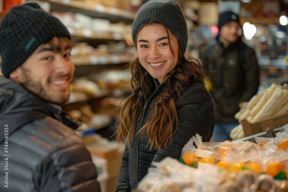 A couple volunteering at a local food bank, sharing warm smiles with those they help, embodying community strength. A couple volunteering at a local food bank, sharing warm smiles with those they help, embodying community strength.