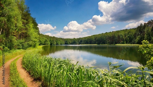 landscape photo of a summer green forest and a lake