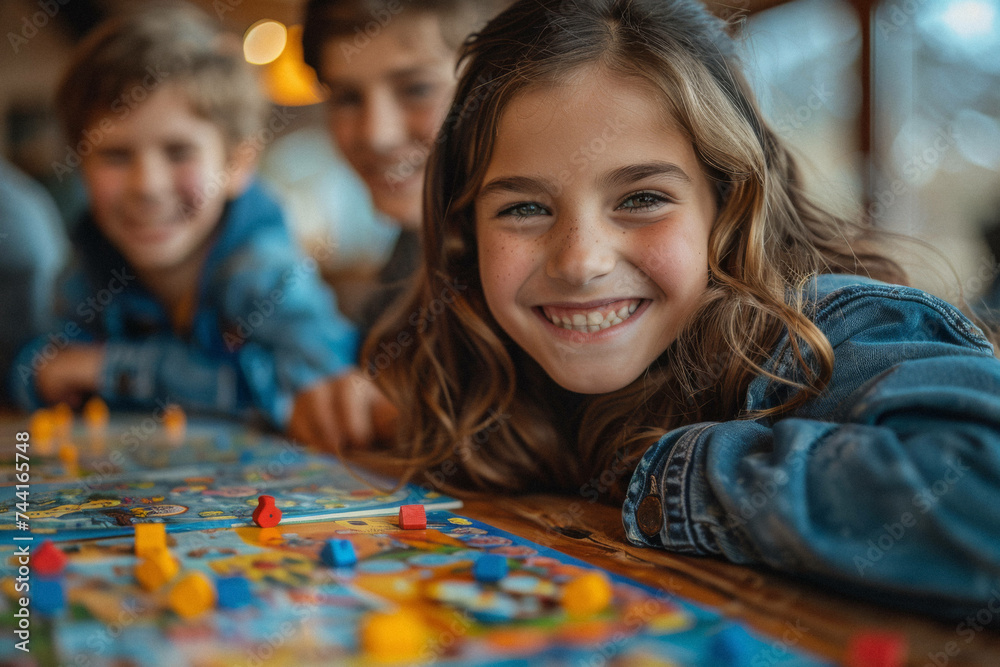 Fototapeta premium A family game night, with board games and puzzles spread out, faces animated with competition and camaraderie.