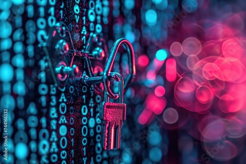 A padlock is securely attached to a chain against a vibrant and colorful background, Encryption keys unlocking a secure database, AI Generated photo