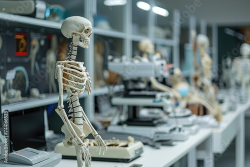 A skeleton sits on a desk in an office, creating an eerie yet intriguing scene, Evolution of medical technology timeline, AI Generated