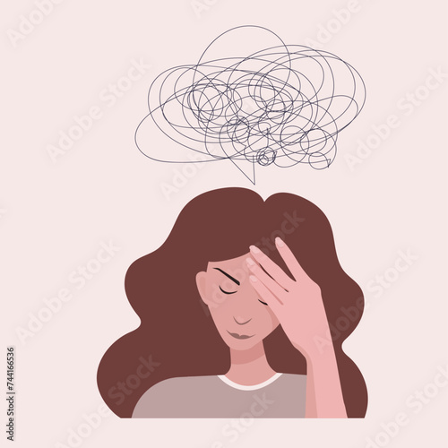 sad girl with a confused thoughts over her head- vector illustration of emotional condition - image of emotions