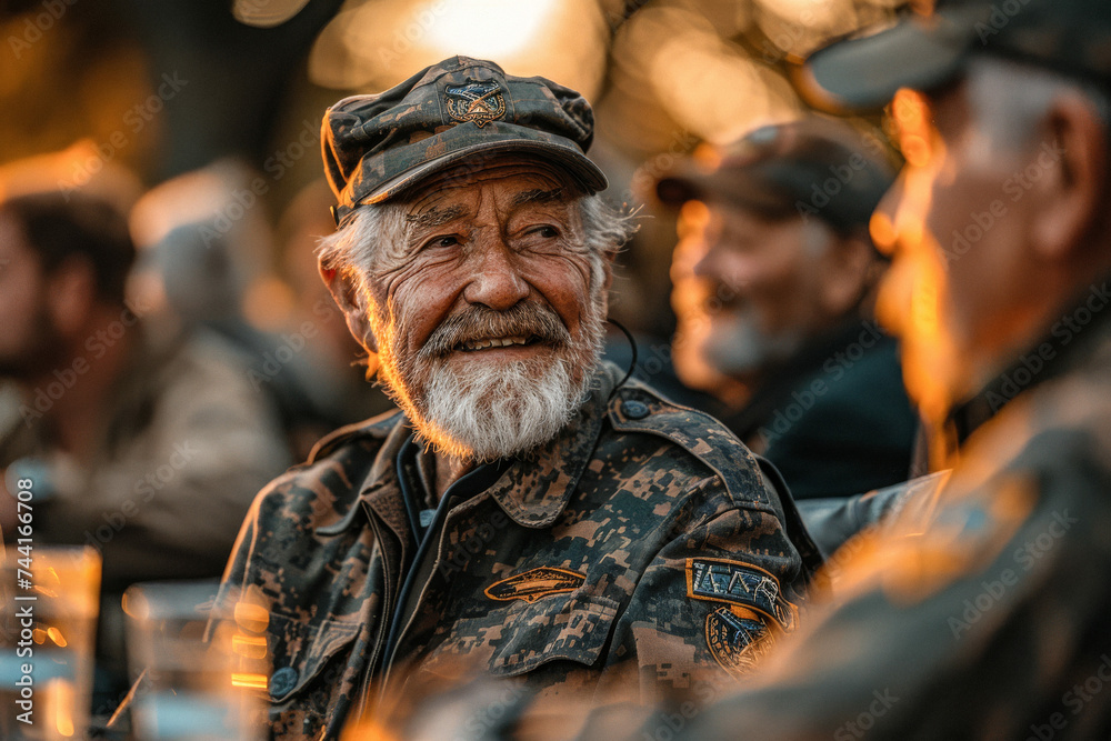 A group of veterans in uniform gathering for a barbecue, their laughter and stories filling the air with warmth and fellowship.