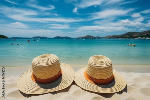 Two straw hats are sitting on the sandy beach with a tropical sea and blue sky in the background. The hats are both light brown and have orange striped bands around them.