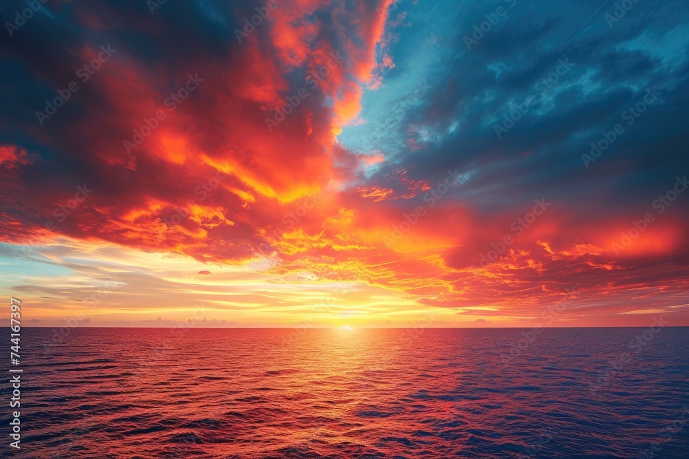 A stunning view of a vibrant sunset casting its warm glow over the ocean, with billowing clouds creating a dramatic backdrop, Fiery sunset over a calm, vast ocean, AI Generated