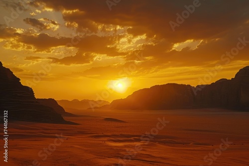 The sun casts a warm golden glow as it sets behind the towering mountains in the arid desert landscape, Fiery sunset casting a golden glow over a sprawling desert, AI Generated
