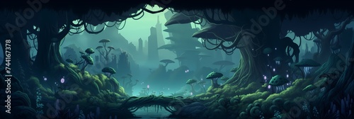 Dark Mysterious Forest Landscape Background image HQ Print 15232x5120 pixels. Neo Game Art V5 9