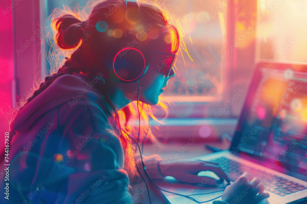 A person in headphones composing music on a laptop, their focus intense as they weave together sounds and silence.