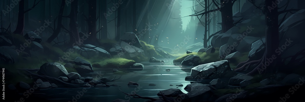 Dark Mysterious Forest Landscape Background image HQ Print 15232x5120 pixels. Neo Game Art V5 1