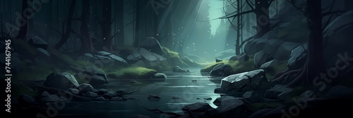 Dark Mysterious Forest Landscape Background image HQ Print 15232x5120 pixels. Neo Game Art V5 1