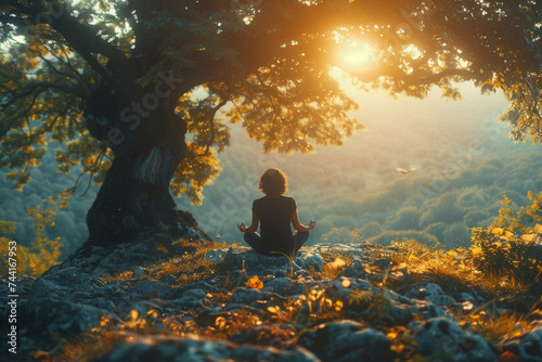 A person meditating under a sprawling tree, surrounded by nature, exploring the depths of their own spirituality.
