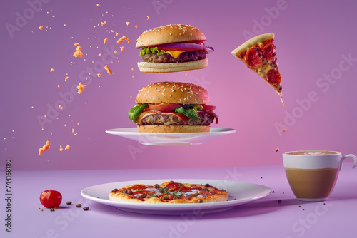 Wallpaper Mural food hovering, with burger, pizza slice, cup of coffee, purple gradient background, advertising mood, advertising photo, food advertising, restaurant advertising. ideal f in advertising for restaurant Torontodigital.ca