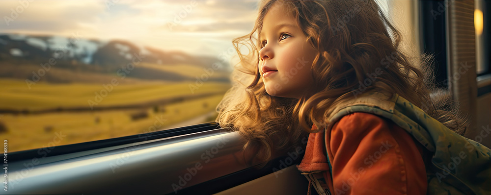 Little girll in train lookin from window at nature land. Children travel in train concept. - obrazy, fototapety, plakaty 
