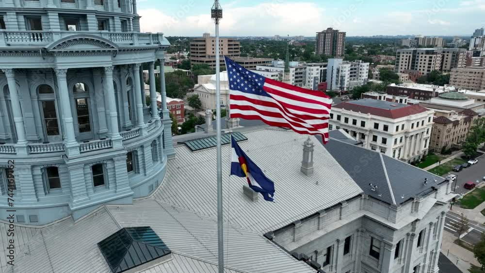 Drone Aerial Colorado State Capitol Building Flying Flags in Downtown Denver, Colorado 4K
