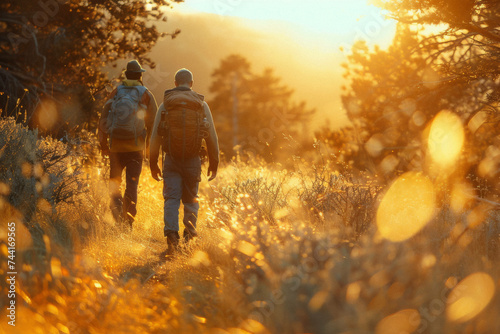 A military veteran in uniform and a friend hiking a trail, the shared journey reflecting support and the path to reintegration.