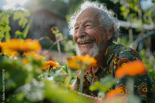 An elderly man whistling a tune while tending to his garden, a simple joy that permeates the air.