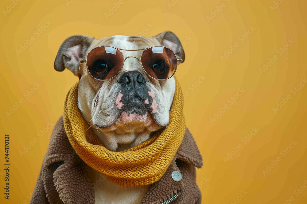 Bulldog wearing clothes and sunglasses on Yellow background