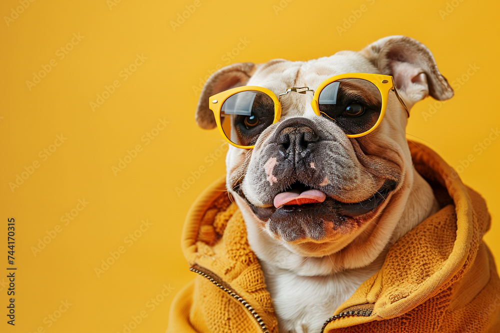 Bulldog wearing clothes and sunglasses on Yellow background