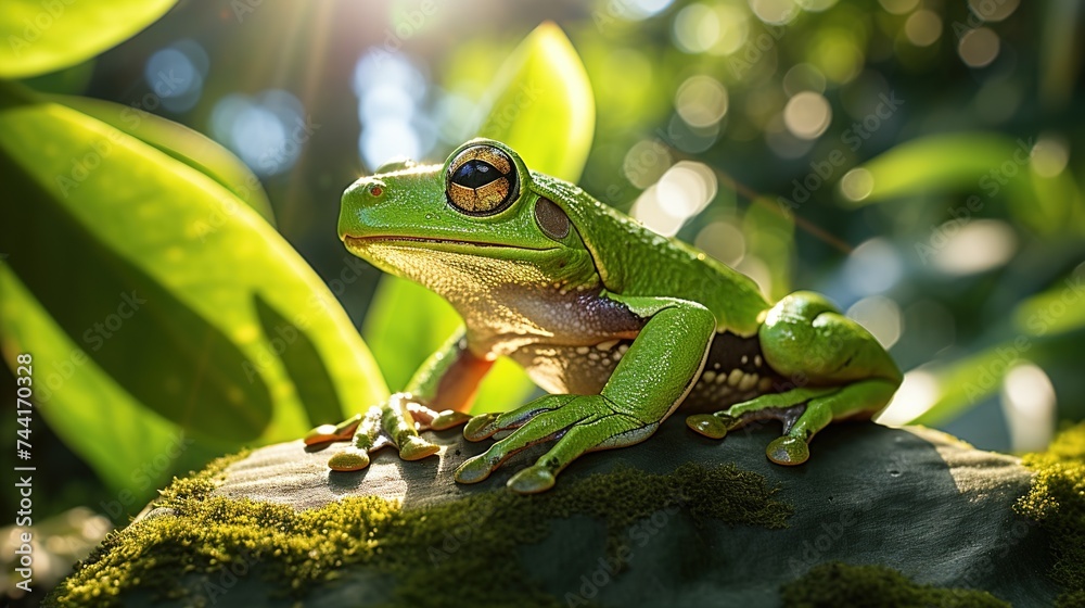 A macro shot of a green tree frog perched on a sizable green leaf A macro shot of a green tree frog perched on a sizable green leaf