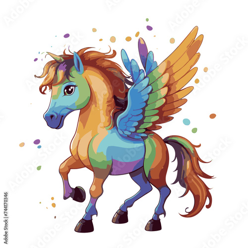 Multicolor vector cartoon kids Illustration of white pony unicorn princess character with big eyes, golden horn, feather wings, hooves on the cloud with rainbow. Long pink hair, mane, tail. Banner © ZUHRI